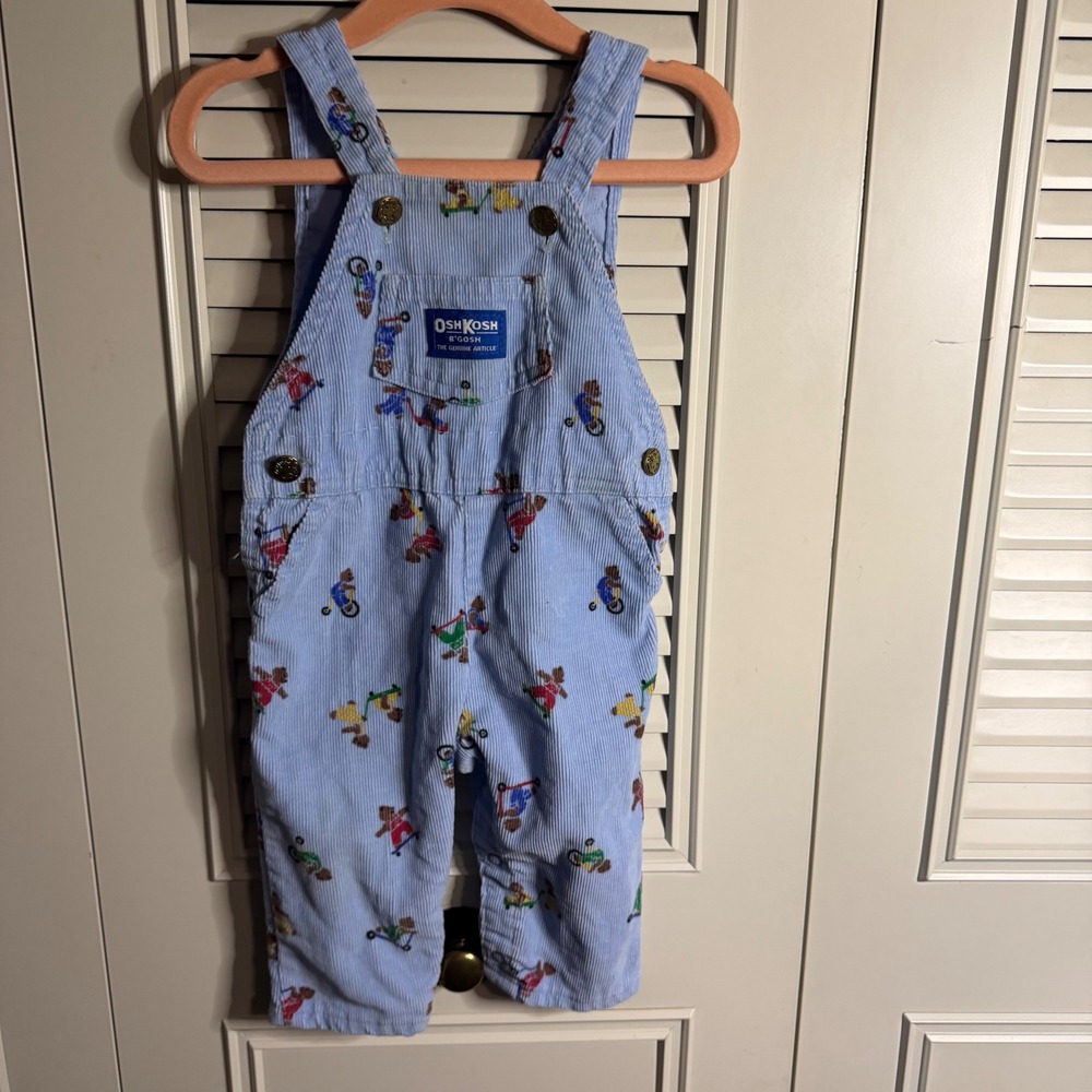 Vintage OshKosh Bgosh Kids Light Blue Corduroy Bear Print Vestbak Overalls 6-9M